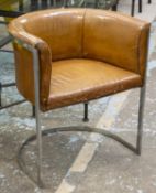 TUB CHAIR, 70cm H x 61cm W, tan leather and steel.