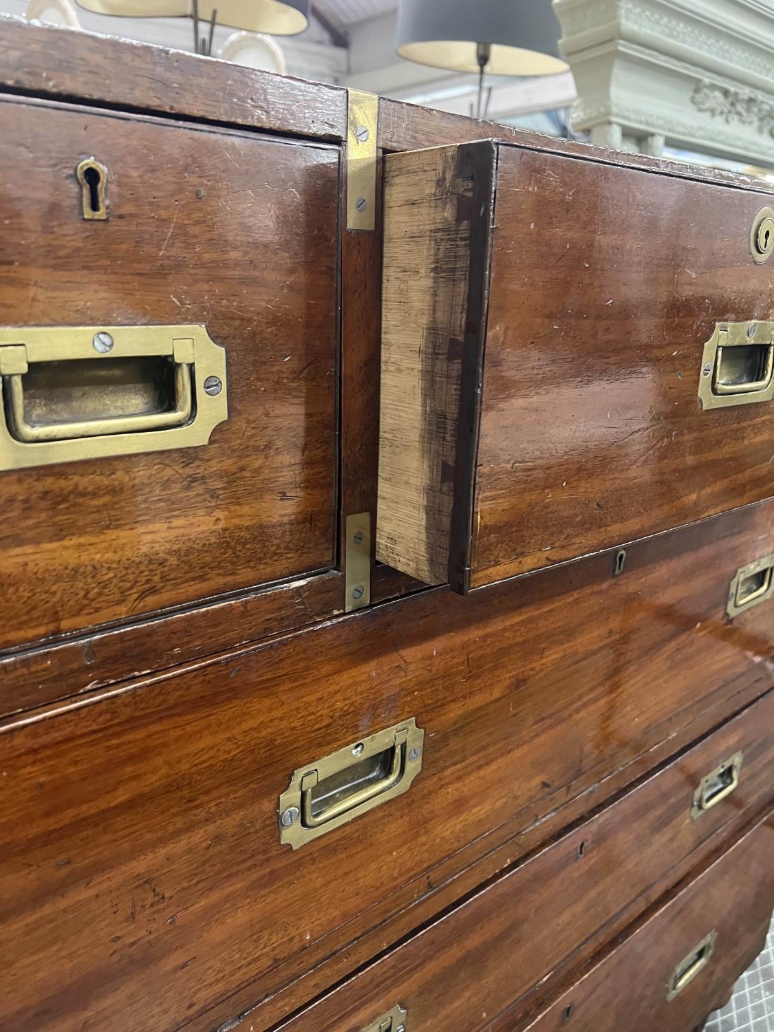 CAMPAIGN CHEST, 99cm W X 110cm H x 48cm D 19th century mahogany and brass bound in two parts with - Image 2 of 4