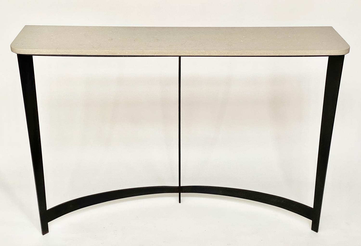 TOM FAULKNER CONSOLE TABLE, rounded rectangular travertine marble and wrought iron support, 127cm