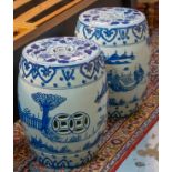GARDEN SEATS, a pair, 33cm diam x 44cm H Chinese style blue and white foliate decorated with
