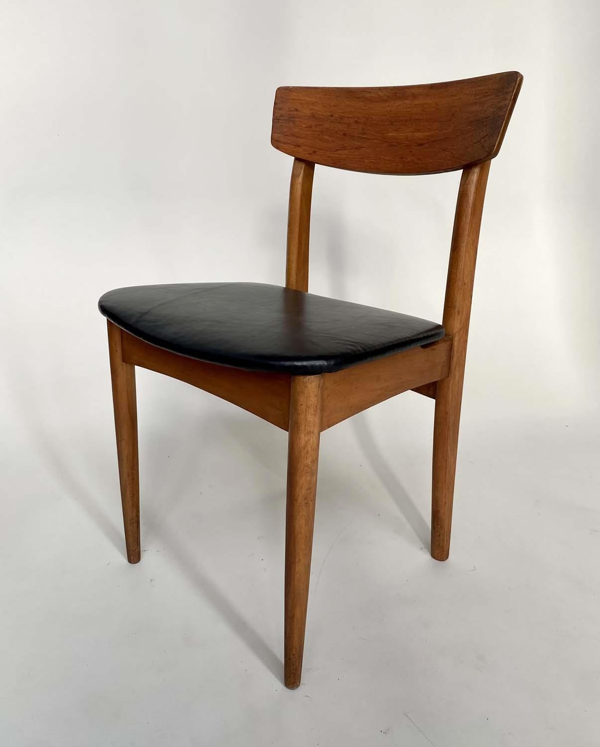 DINING CHAIRS, a set of seven, 1970's teak Danish style with black leather seats and carved backs - Image 5 of 5