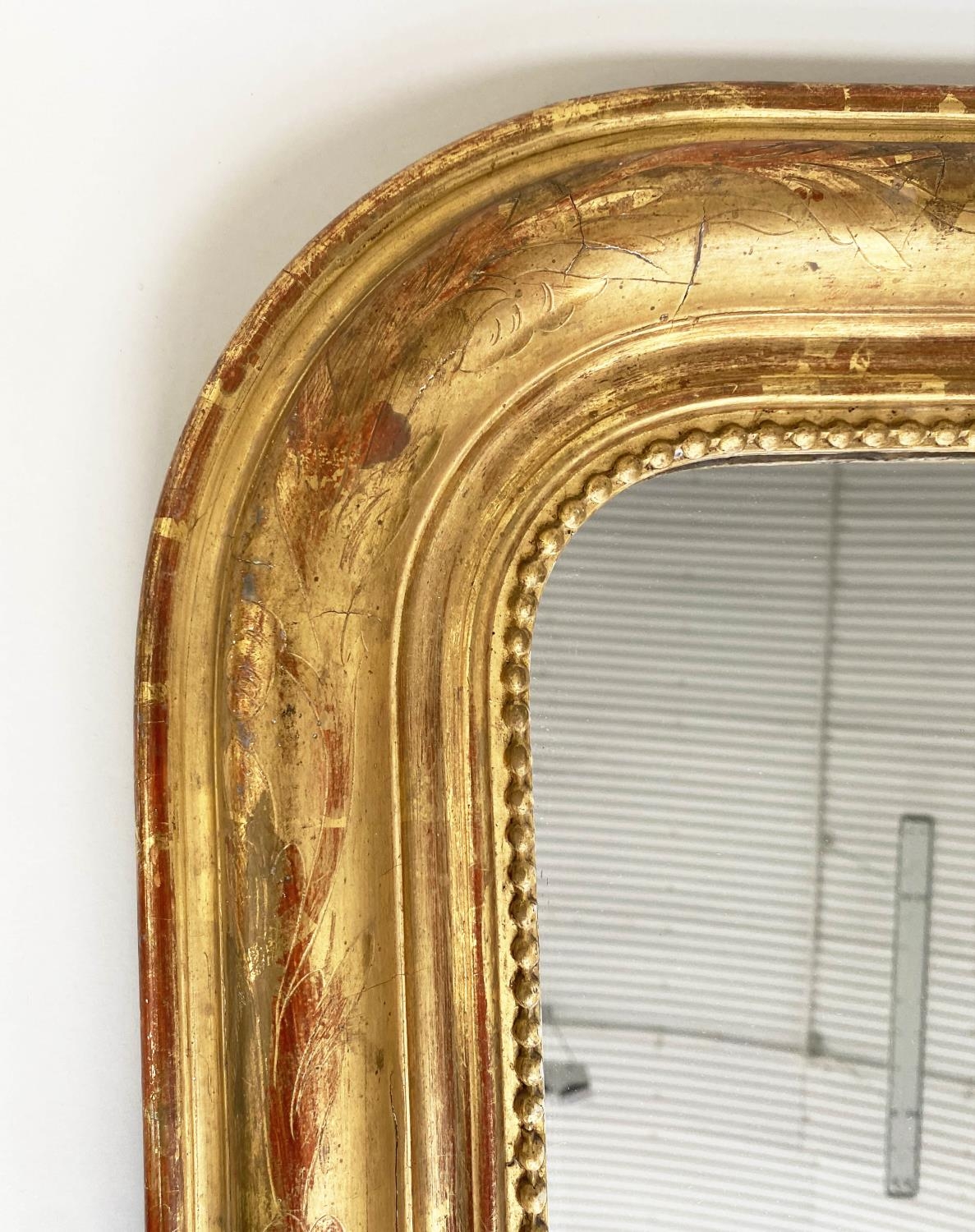 OVERMANTEL MIRROR, 19th century French giltwood and gesso moulded with arched incised and beaded - Image 2 of 6