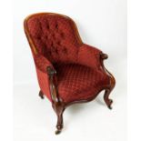 ARMCHAIR, 95cm H x 70cm W, Victorian mahogany, circa 1860, in patterned chenille on brass castors.