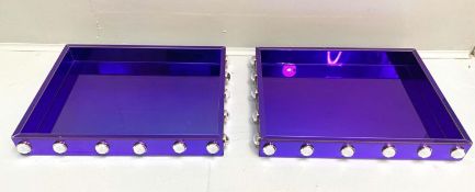MIRRORED COCKTAIL TRAYS, pair, 53cm x 43cm x 6.5cm, electric blue tinted glass. (2)