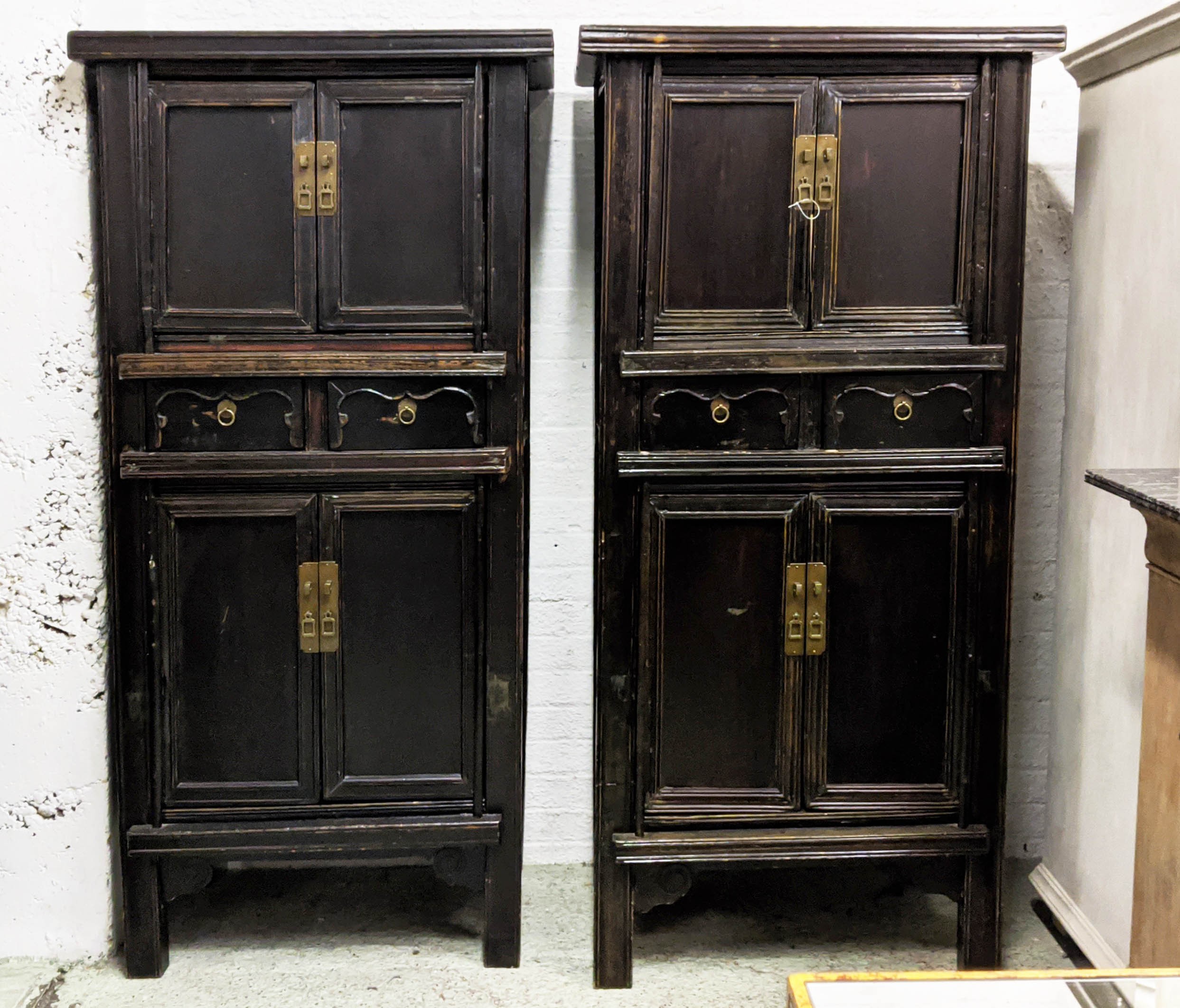 MARRIAGE CABINETS, 174cm H x 86cm x 48cm, a pair, Chinese lacquer, each with four doors and two