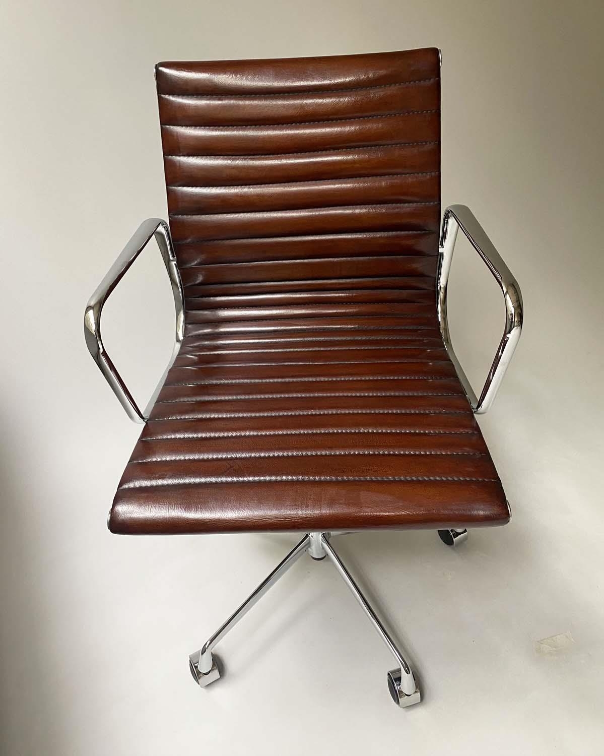 REVOLVING DESK CHAIR, Charles and Ray Eames inspired ribbed tan leather seat revolving and reclining - Image 4 of 7