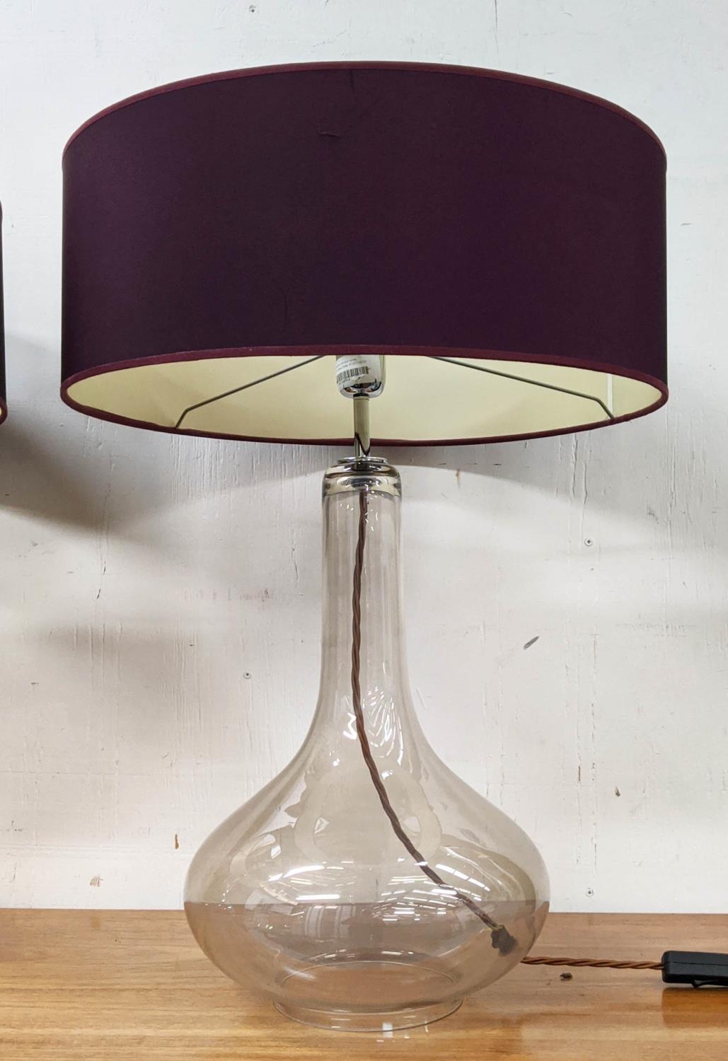 GLASS TABLE LAMPS, a pair, purple shades, baluster shaped bases, 66cm H x 46cm D. (2) - Image 2 of 4