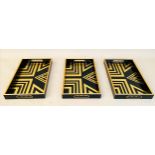 COCKTAIL TRAYS, a set of 3, black and gold art deco style design, 5cm x 40cm x 25cm.