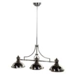 THREE BRANCH CEILING LAMP, 141cm H x 122cm W x 31cm D, polished metal finish, glass shades.