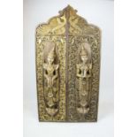 THAI DOORS, a pair, with raised figural carving and ornate scrolling foliate borders the tops with