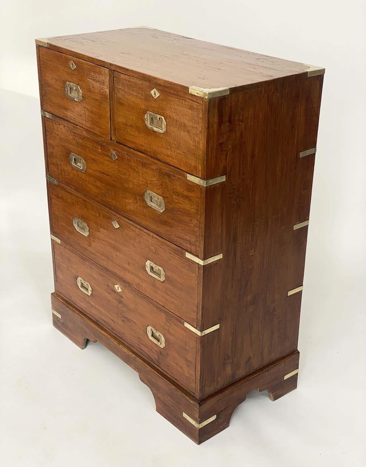 CAMPAIGN CHEST, early 20th century Anglo Indian teak and brass bound with two short and three long - Image 3 of 3