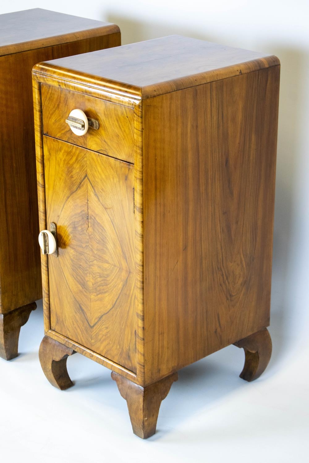 BEDSIDE CABINETS, 80cm H x 37cm W x 43cm D, a pair, Art Deco walnut, each with drawer and door - Image 2 of 6