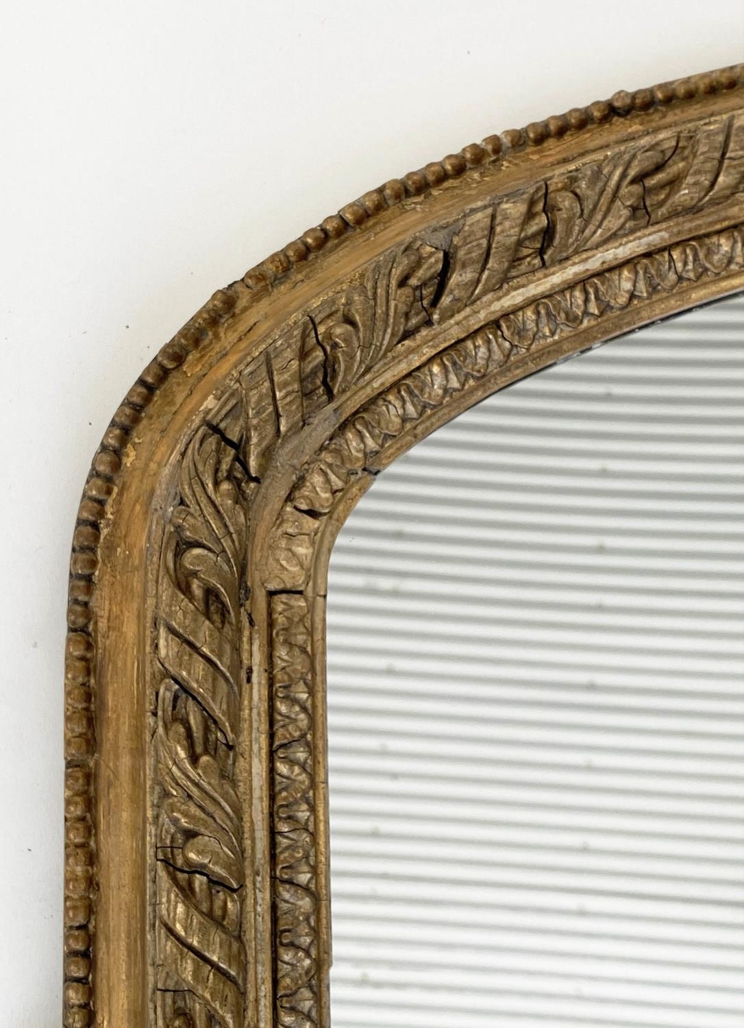OVERMANTEL MIRROR, 19th century arched giltwood and gesso guilloche and bead moulded with scroll - Image 3 of 7