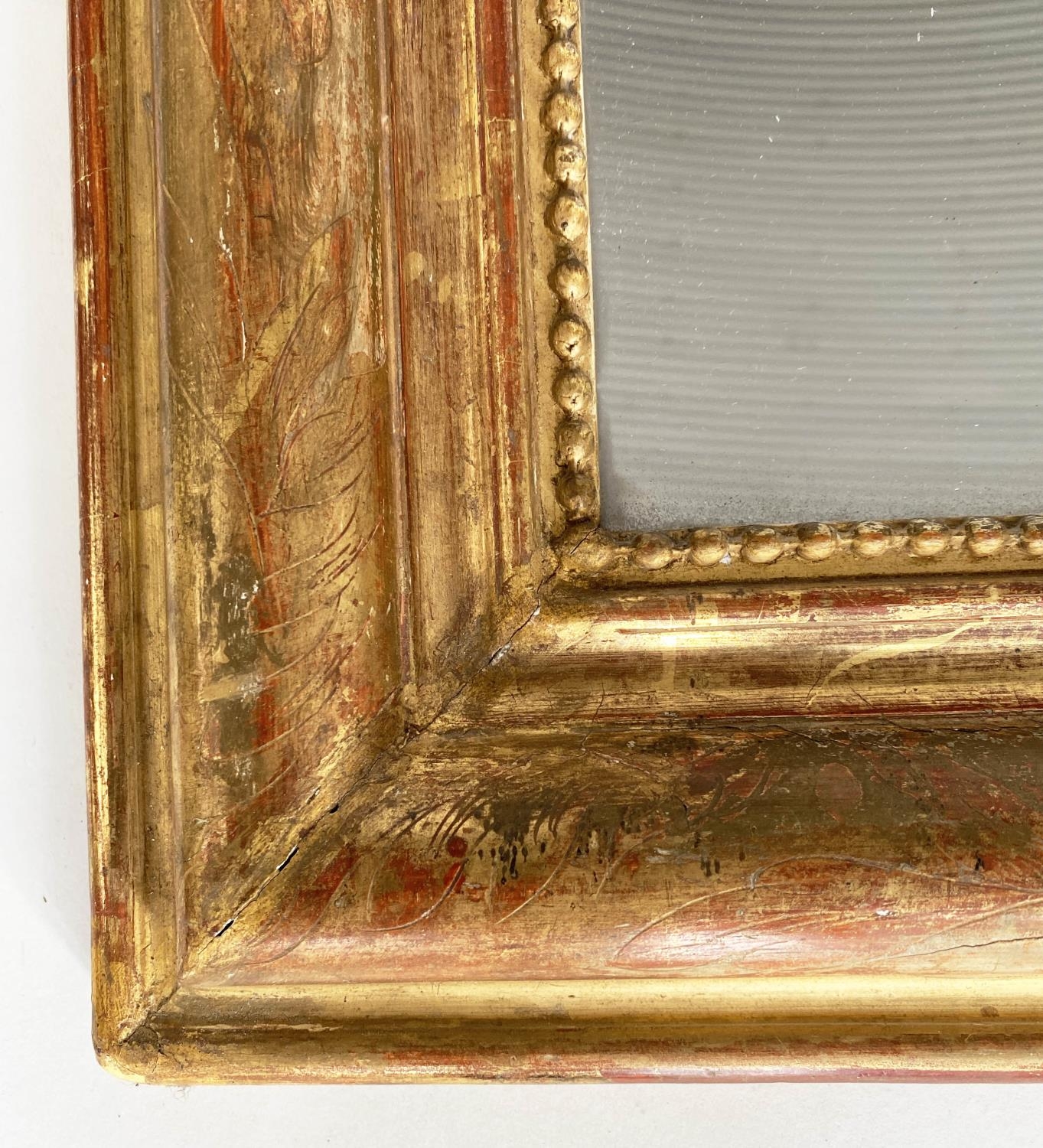 OVERMANTEL MIRROR, 19th century French giltwood and gesso moulded with arched incised and beaded - Image 6 of 6