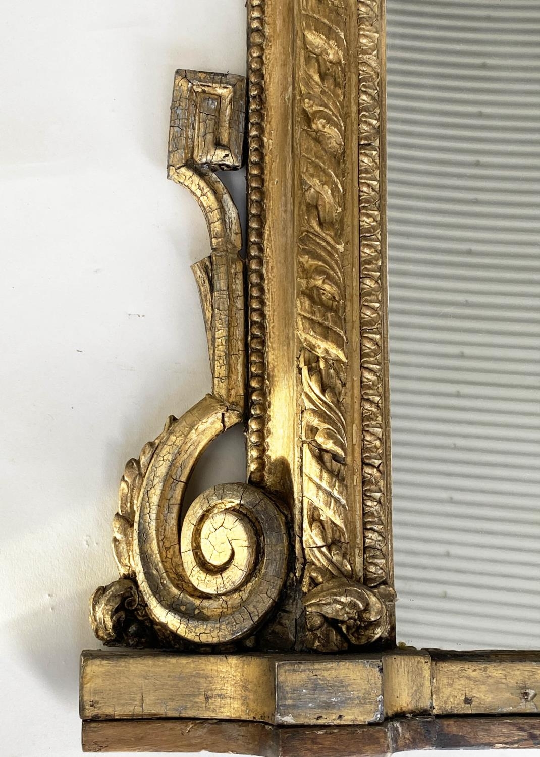 OVERMANTEL MIRROR, 19th century arched giltwood and gesso guilloche and bead moulded with scroll - Image 4 of 7