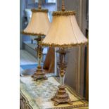 TABLE LAMPS, 64cm H, a pair, gilt and perspex with shades. (2)