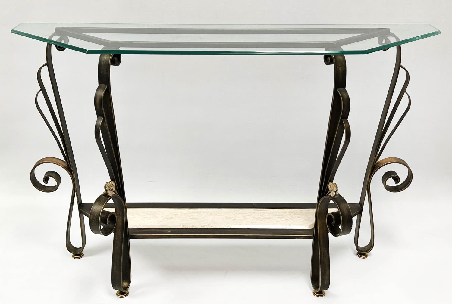 CONSOLE TABLE, Spanish wrought iron and travertine with a glass top, to match the previous lot, 82cm - Image 2 of 5