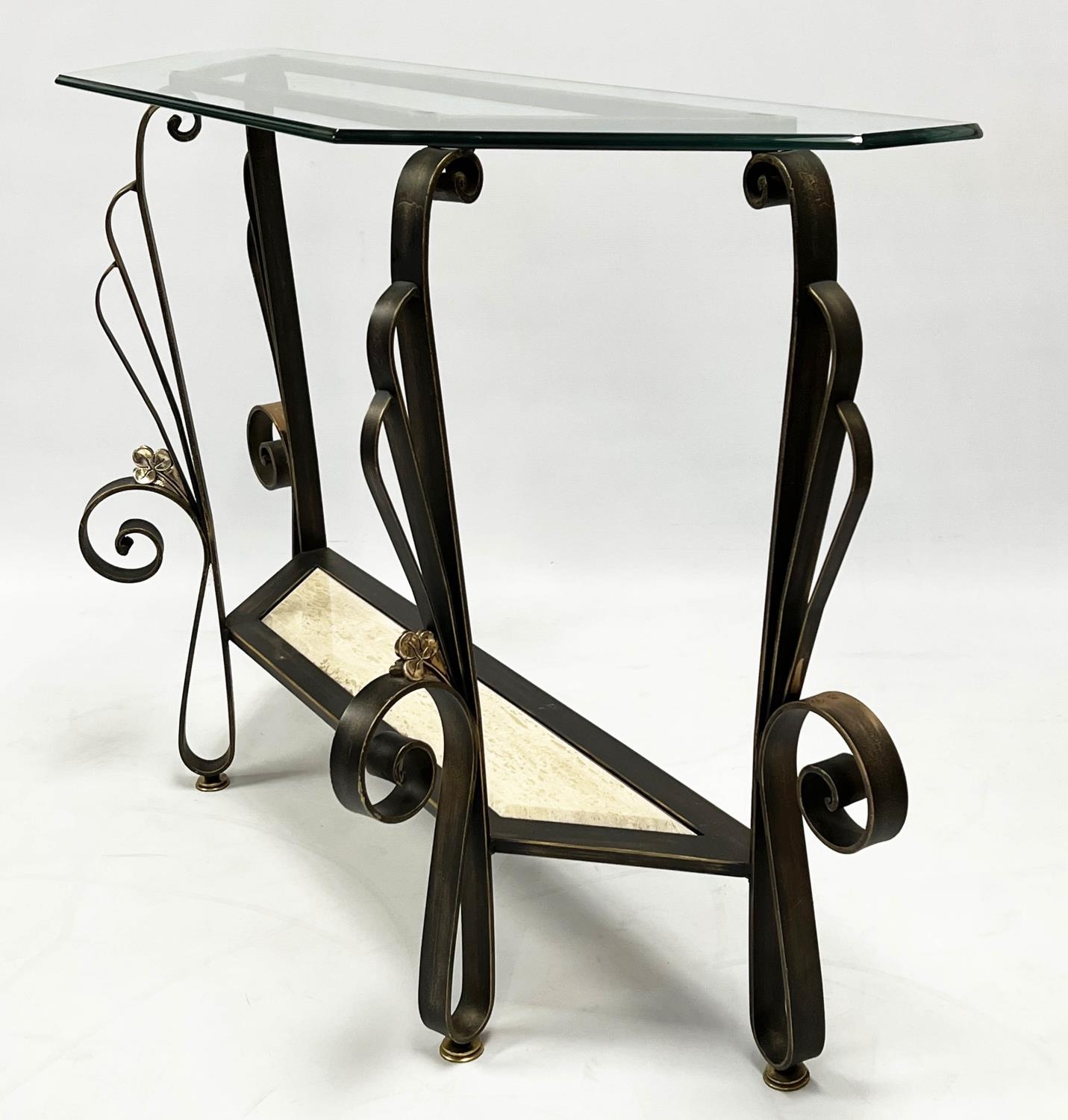 CONSOLE TABLE, Spanish wrought iron and travertine with a glass top, to match the previous lot, 82cm - Image 4 of 5