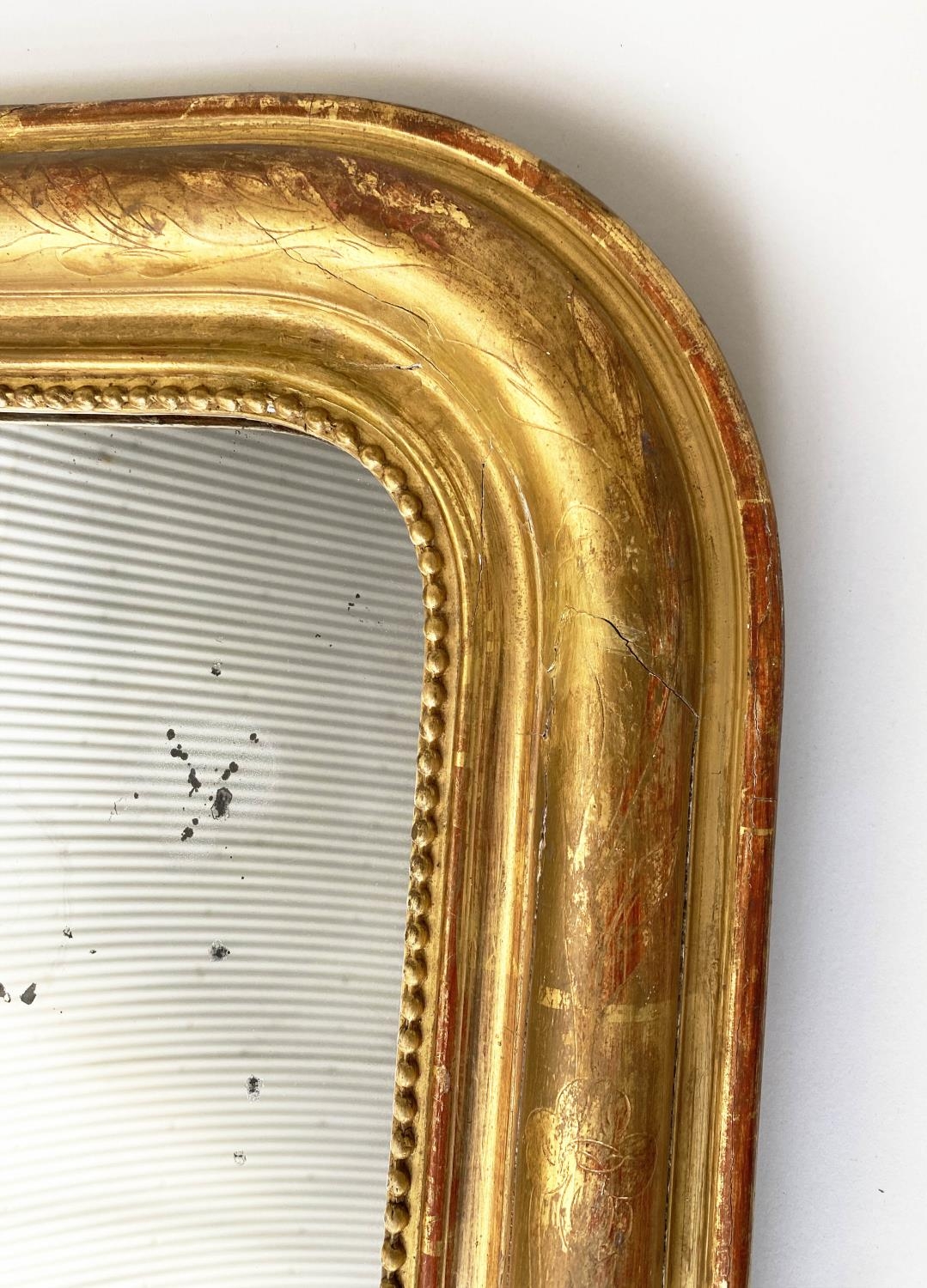 OVERMANTEL MIRROR, 19th century French giltwood and gesso moulded with arched incised and beaded - Image 5 of 6