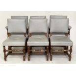 DINING CHAIRS, a set of six, oak and studded grey leather including two armchairs, 64cm W. (6)