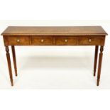 HALL TABLE, Regency style burr walnut and crossbanded with four drawers and turned reeded tapering