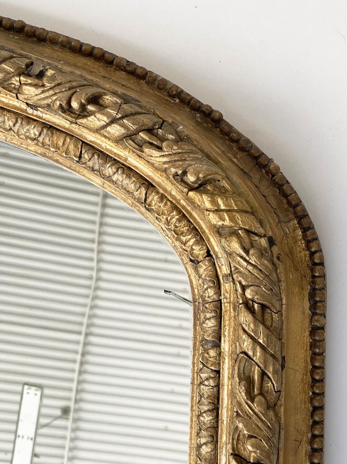 OVERMANTEL MIRROR, 19th century arched giltwood and gesso guilloche and bead moulded with scroll - Image 6 of 7