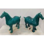 TANG STYLE SCULPTURAL HORSES, a pair, 62cm H, glazed ceramic.