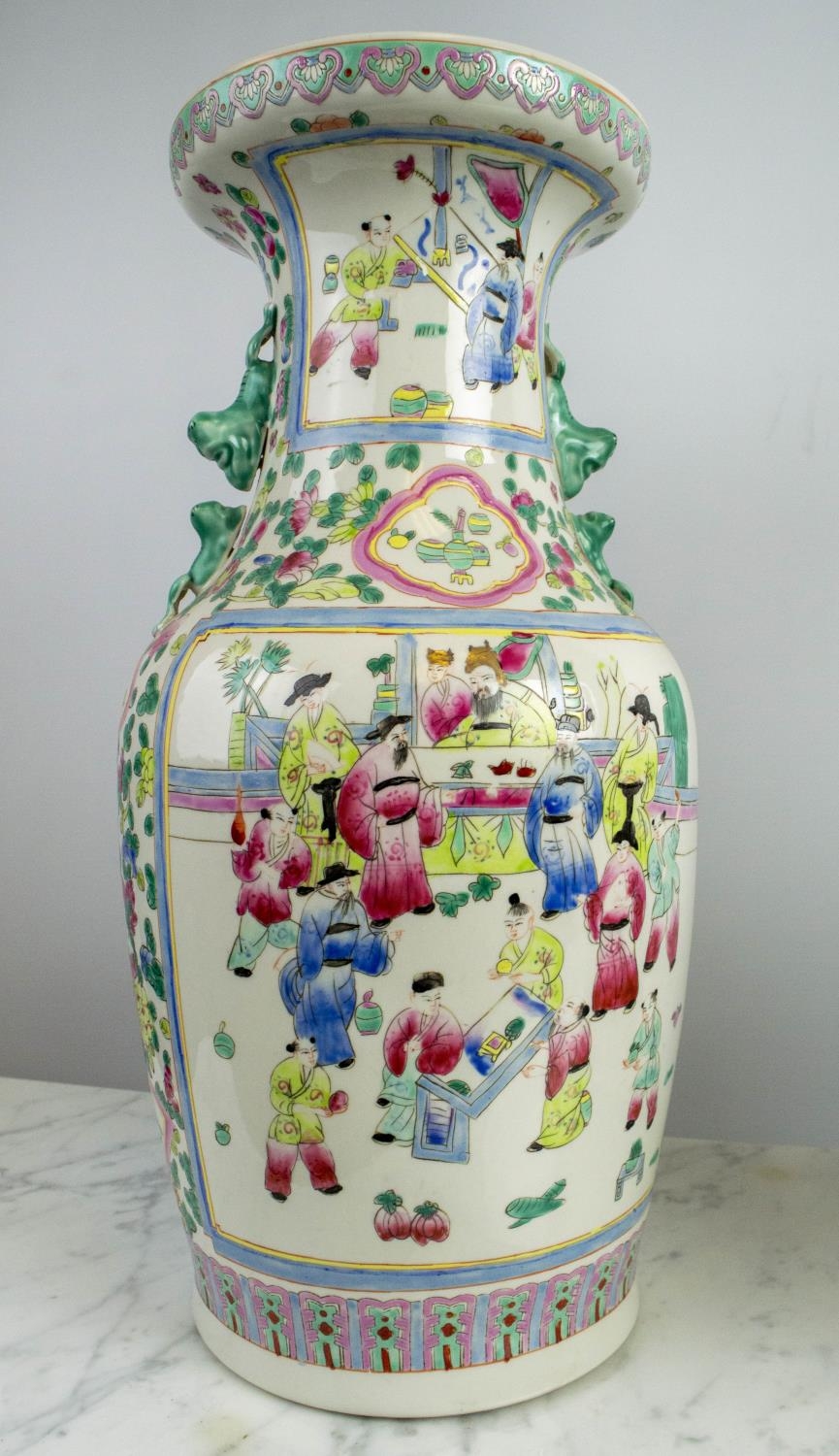 CHINESE FAMILLE ROSE VASES, a pair, with courtyard scenes, 46cm H. (2) - Image 3 of 4