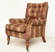 MULBERRY ARMCHAIR, Mulberry Burford armchair with buttoned back, scroll arms and turned supports,