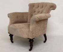 ARMCHAIR, Victorian mahogany with taupe grey buttoned chenille upholstery, scroll arms and turned