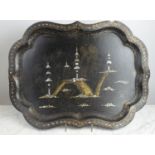 VICTORIAN JAPANNED LACQUER TRAY, pagoda scene, with mother of pearl inlay, 77cm L x 58cm W.