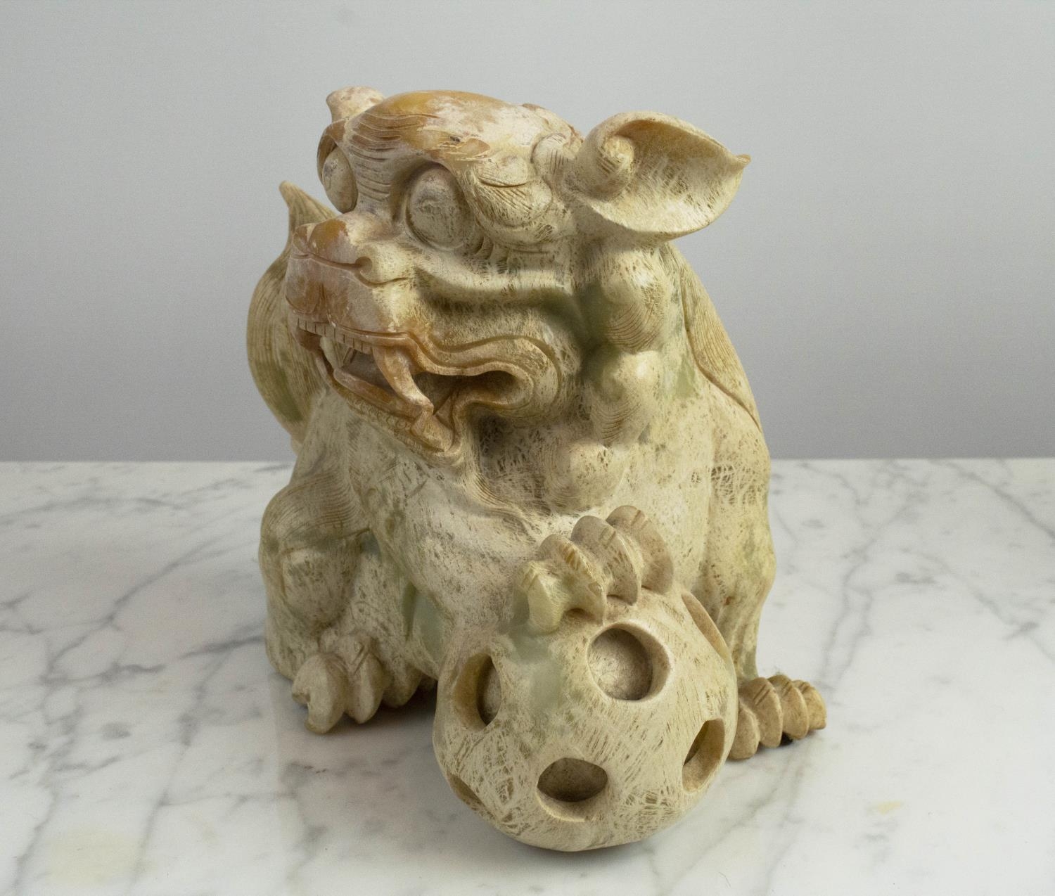 JADIETE TEMPLE LIONS, a pair, each with paw resting on ball, 20cm x 20cm H. (2) - Image 3 of 8