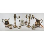 COLLECTION OF SILVER PLATED WARE, comprising pair of candelabrum, part tea set, including teapot,