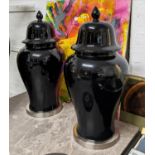 TEMPLE JARS, a pair, 90cm H, glazed ceramic, black finish. (2)