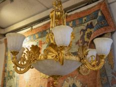 CHANDELIER, 90cm W x 90cm H excluding chain, gilt metal and frosted glass with nine lights and six
