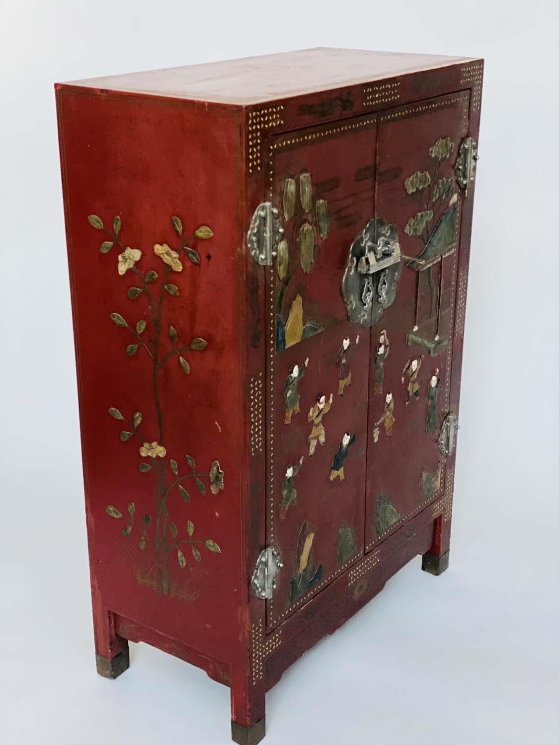 CHINESE SIDE CABINET, early 20th century scarlet lacquered and silvered metal with figures in - Image 4 of 4