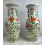 CHINESE FAMILLE ROSE VASES, a pair, with enamel finch and foliate decoration, 60cm H. (2)