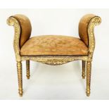 WINDOW SEAT, French transitional style giltwood with scroll upstand arms and silk brocade