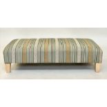 HEARTH STOOL, rectangular contemporary with striped 'Krevett' fabric and tapering beech supports,