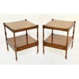 LAMP TABLES, a pair, George III design figured mahogany each with undertier drawer, 46cm x 46cm x