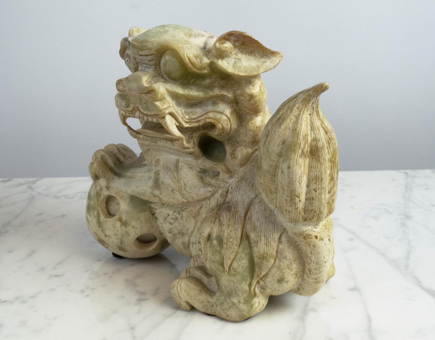JADIETE TEMPLE LIONS, a pair, each with paw resting on ball, 20cm x 20cm H. (2) - Image 8 of 8