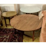 CIRCULAR LOW TABLES, three, one marble topped 78cm diam x 40cm H another walnut topped low table and