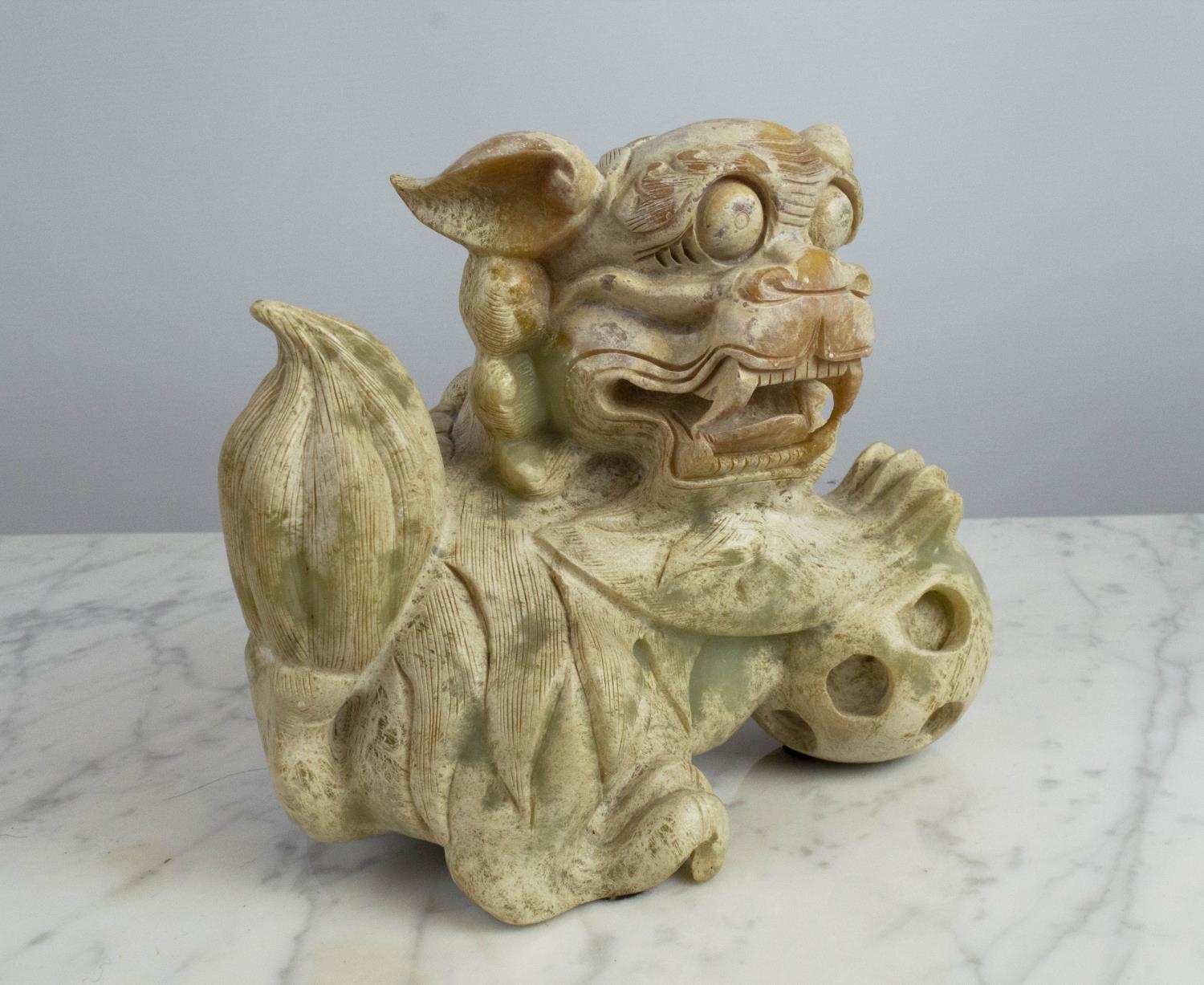 JADIETE TEMPLE LIONS, a pair, each with paw resting on ball, 20cm x 20cm H. (2) - Image 5 of 8