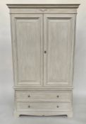 ARMOIRE, French style traditionally grey painted with two panelled doors above two long drawers,