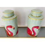 GINGER JARS, pair, 40cm high, 20cm diameter, glazed ceramic, flamingo design. (2)