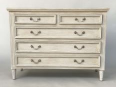 LOW CHEST, French style traditionally grey painted with five drawers and silvered metal loop