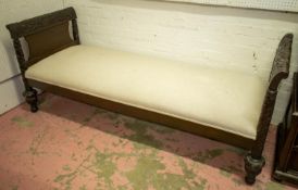 DAYBED, 76cm H x 190cm W x 77cm D, Colonial design hardwood, with carved frame and taupe upholstery.