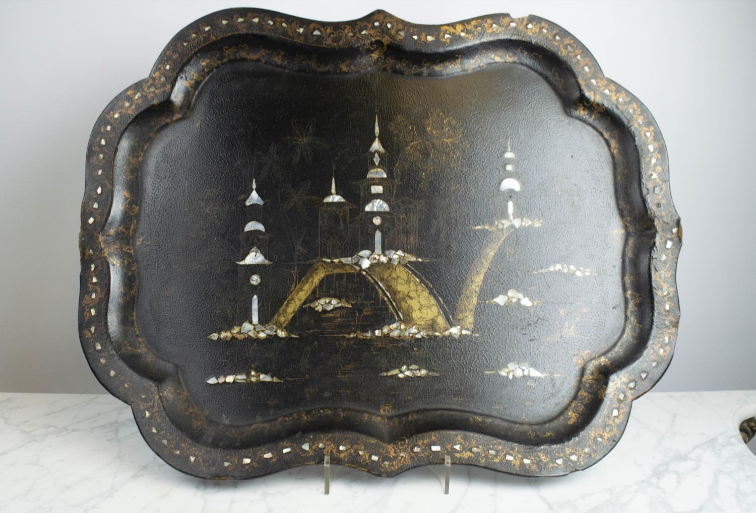 VICTORIAN JAPANNED LACQUER TRAY, pagoda scene, with mother of pearl inlay, 77cm L x 58cm W. - Image 2 of 4