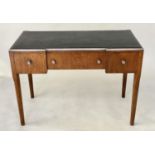 ART DECO DESK BY MORRIS, 76cm H x 107cm W x 53cm D, oak and brass silvered bound, leather lined with