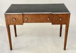 ART DECO DESK BY MORRIS, 76cm H x 107cm W x 53cm D, oak and brass silvered bound, leather lined with